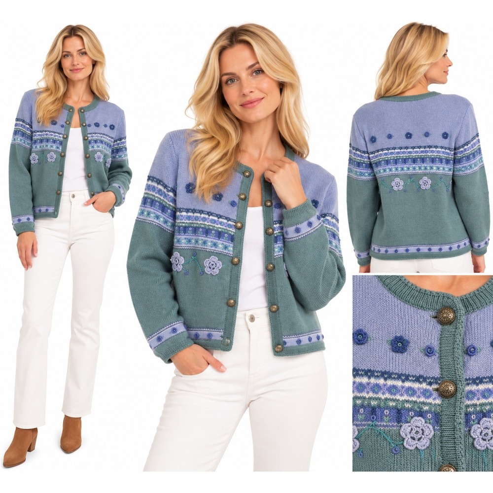 Tally-Ho Cardigan Womens S Wool Floral Embroidered Fair Isle Vintage Cottagecore